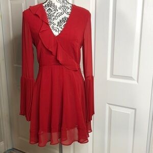 Keepsake Dress Red Sheer Sleeve Ruffle Dress Elegant Holiday Party M Lined